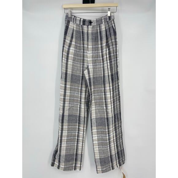 Reformation | NEW Vesta Plaid Linen Wide Leg Trousers Black White 0 - Picture 2 of 13